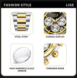 LIGE Top Luxury Man Quartz Watch Waterproof Luminous Date Chronograph Watches For Men Stainless Steel Fashion Men's Watch Reloj