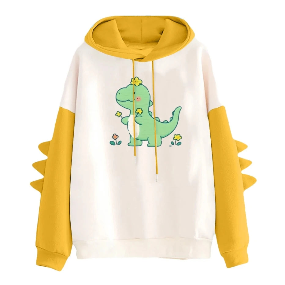 Winter Cute Dinosaur Cartoon Hoodie Women Fashion Sweatshirt Casual Print Long Sleeve Korean Style Splice Tops Kawaii Clothes