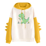 Winter Cute Dinosaur Cartoon Hoodie Women Fashion Sweatshirt Casual Print Long Sleeve Korean Style Splice Tops Kawaii Clothes