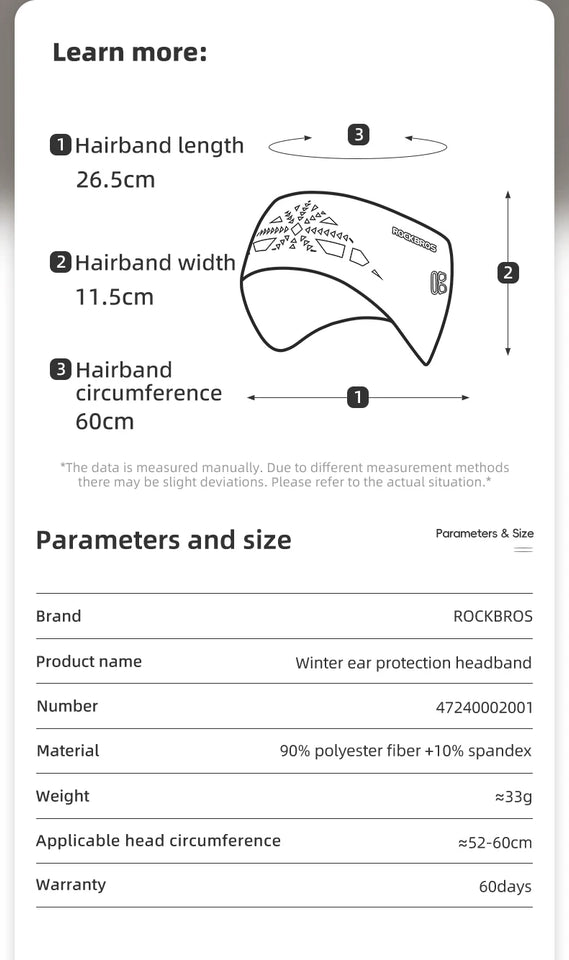 ROCKBROS Outdoor Cycling Headband Ear Warmer Men Winter Cycling Workout Windproof Double Layer Warm Earmuffs Headwear Sweatband