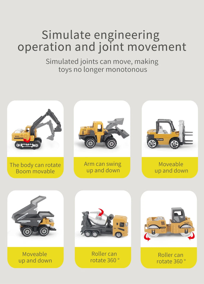 6pcs/set Alloy Engineering Truck Toy Car Classic Construction Model Vehicle Loader Tractor Excavator Toys for Boys Gifts
