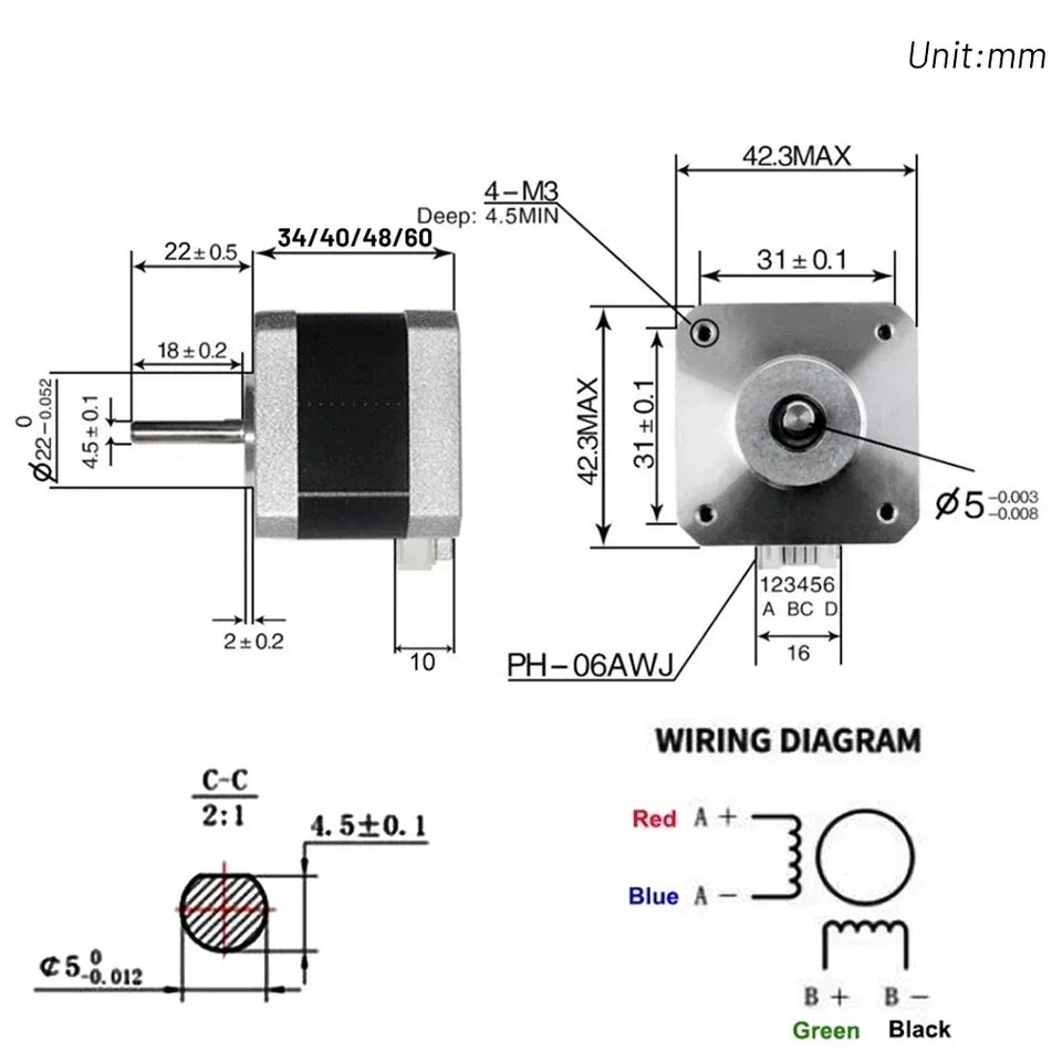 Nema17 Hybrid Open-loop Stepper Motor 2PH 34/40/48/60mm Length 4-Lead 0.28/0.42/0.56/7Nm for 3D Printer CNC Machine Tools Laser