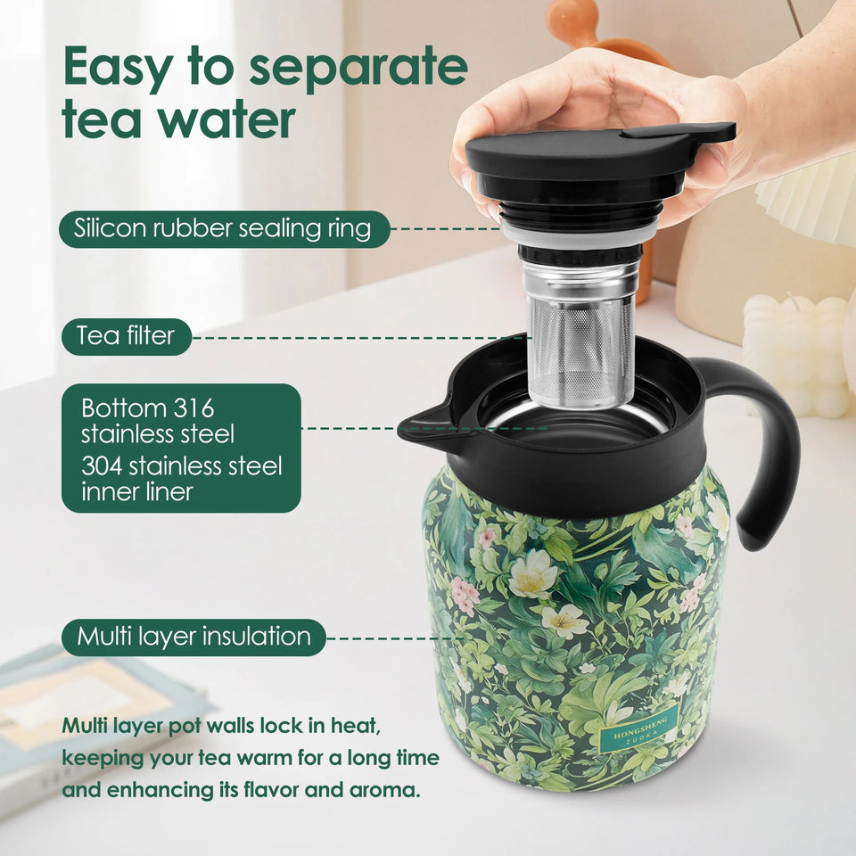 1000ml Vintage Floral Tea Thermos Stainless Steel Tea Kettle Drip-Proof Tea Pot With Tea Infuser Mini Thermo Coffee Pot