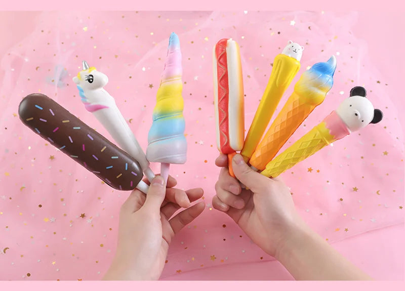 New Squishy Antistress Toys Ice Cream Hot Dog Dinosaur Slow Rising Pen Soft Squeeze Pen Stress Relief Toy Christmas Gifts