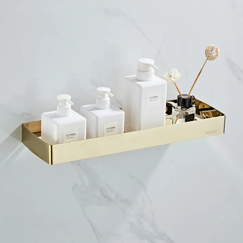 30-50cm Gold Bathroom Shelf Wall Mounted 304Stainless Steel Shower Holder Soap Shampoo Storage Organizer Rack kitchen Shelves