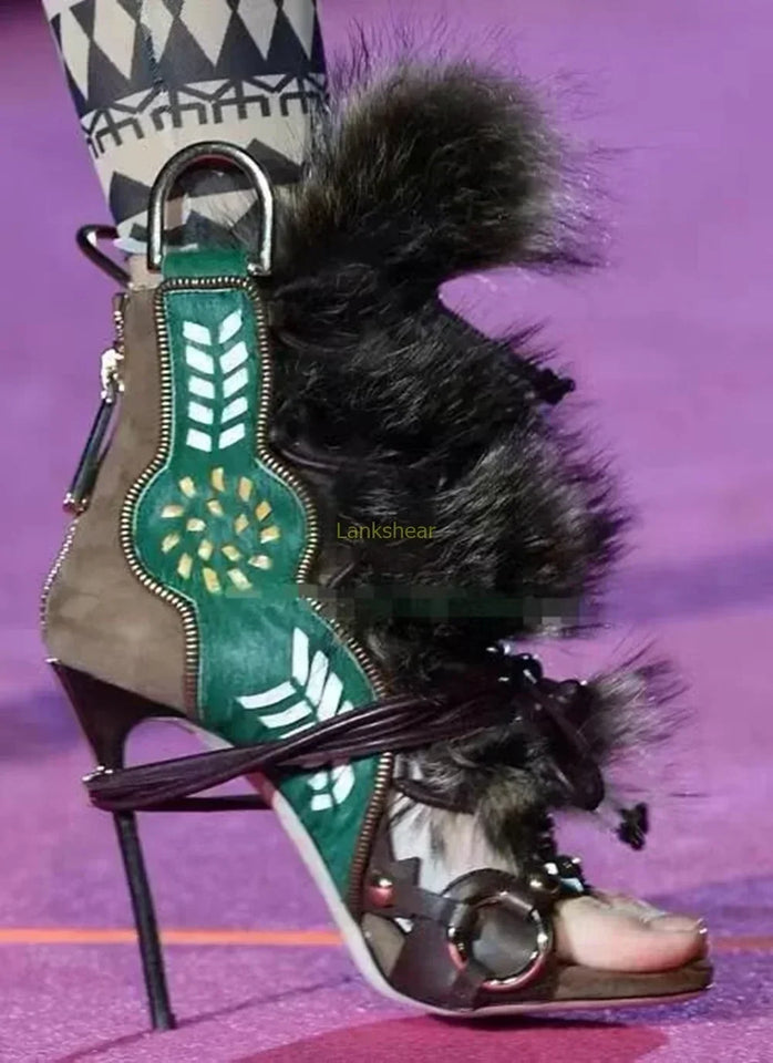 Fur Peep Toe Cross Tied Platform Sandal Boots Sexy Round Toe Thin Heel Zippeer New Arrivals Fashion Women Modern Boors