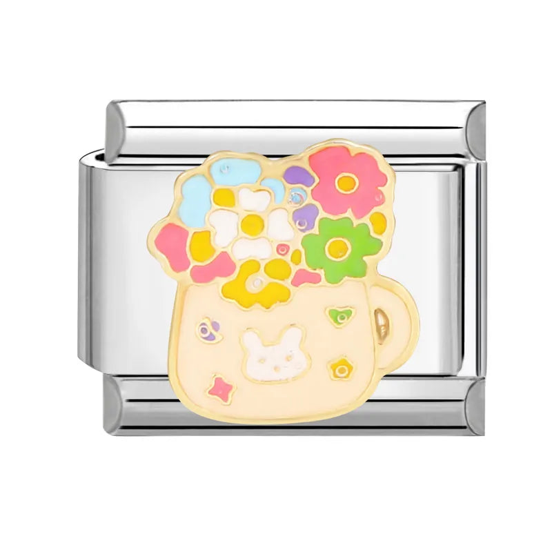 Cute Cats Flowers Planet Coffee Milk Cake Mountain Italian Charm Links Fit 9mm Stainless Steel Bracelet DIY Jewelry Making Gifts