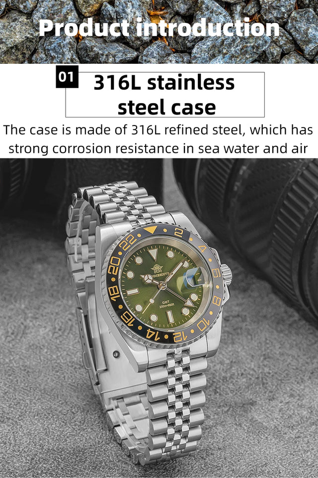 ADDIESDIVE Fashion GMT Watch for Men Super Luminous AD2050 Wristwatches Luxury Luminous 20Bar Diving Stainless Steel Man Watches