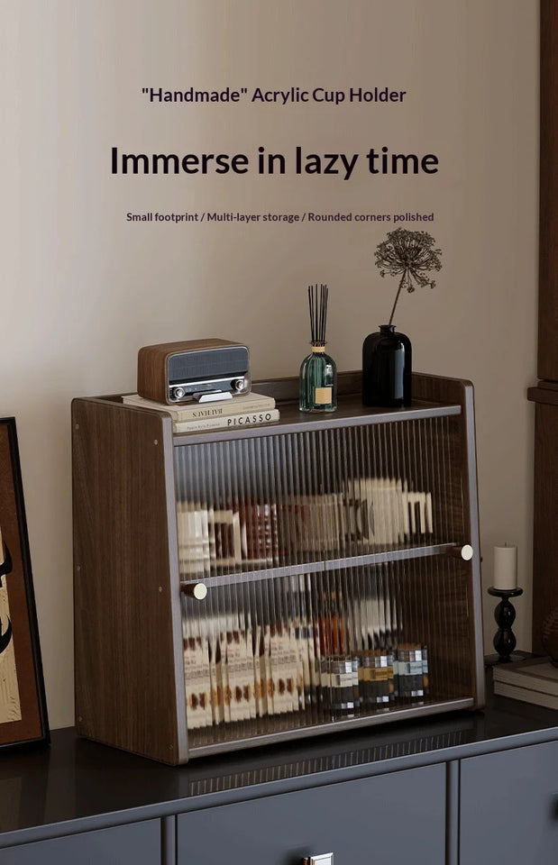 Walnut Wood Living Room Cabinet Storage Dresser Drawer Display Cabinet TV Stand Sideboard Organizer Cup Rack Included Cabinet