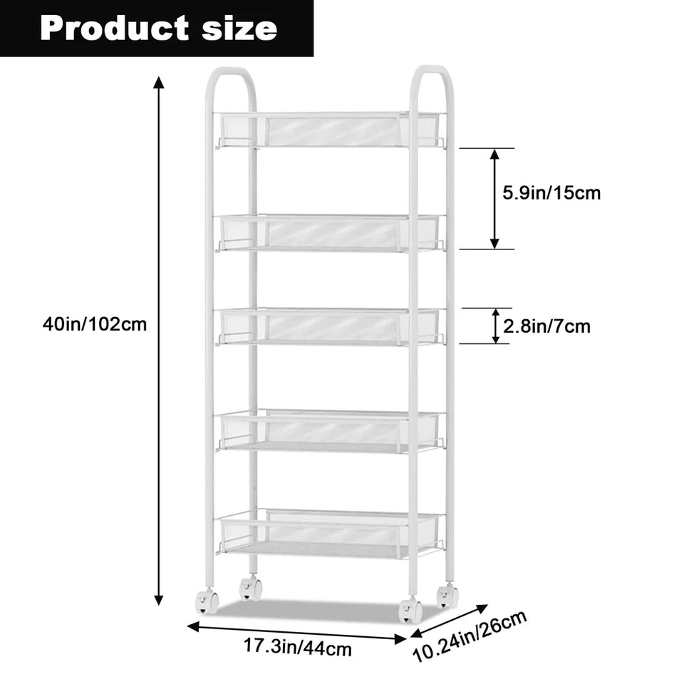 5-Tier Rolling Storage Organizer, Mobile Utility Cart, Kitchen Cart With Wheels, Storage Shelves Multifunctional Storage Cart