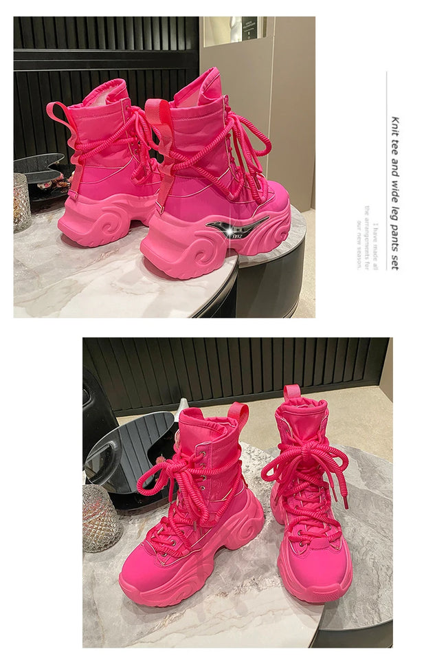 Women Ankle Boots Autumn Chunky Shoes Woman High Platform Breathable Sneakers 7.5CM Thick Sole Wedges Motorcycles Boots Winter