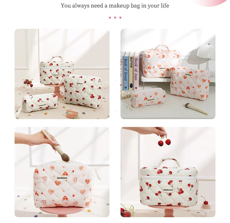 Storage Organizer Cherry Printing Makeup Bag Quilted Cosmetic Pouch Large Travel Cosmetic Bag Cute Cotton Makeup Pouch