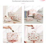 Storage Organizer Cherry Printing Makeup Bag Quilted Cosmetic Pouch Large Travel Cosmetic Bag Cute Cotton Makeup Pouch