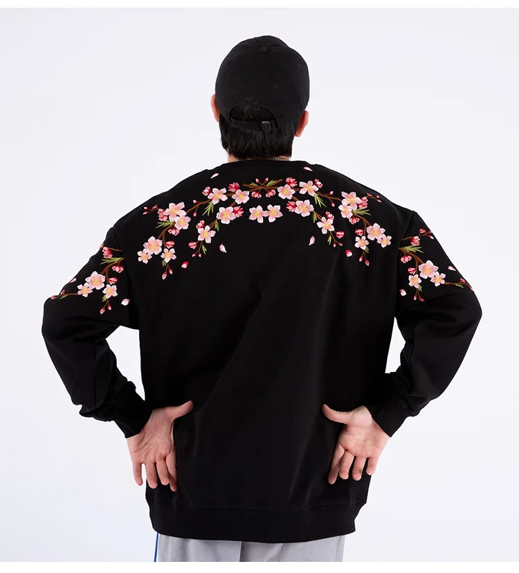 Floral Embroidery Unisex Pullovers Sweatshirt For Men Loose Fit Autumn Quality Cotton Fashion Casual Oversized Luxury Pull Homme