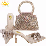Orange Color New Arrivals Italian Design Nigerian Women Shoes and Bag Set Pointed Toe Slipper with Shinning Crystal for Party