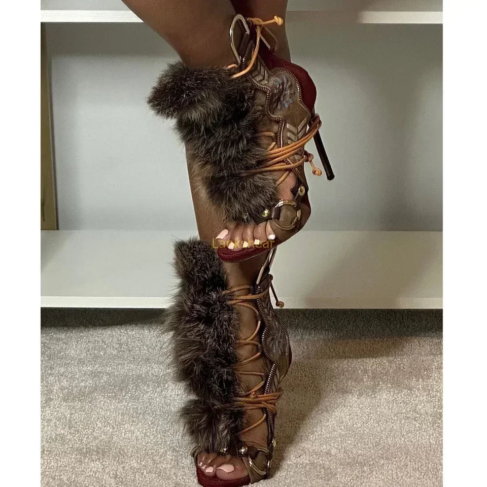 Fur Peep Toe Cross Tied Platform Sandal Boots Sexy Round Toe Thin Heel Zippeer New Arrivals Fashion Women Modern Boors
