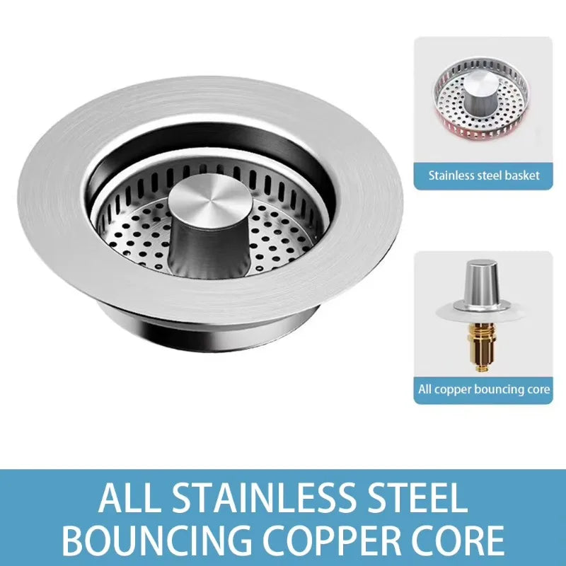 3 in 1 Kitchen Sink Drain Strainer,Universal Stainless Steel Kitchen Sink Stopper, Pop Up Anti-Clogging for 3-1/2 Inch US Standa