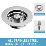 3 in 1 Kitchen Sink Drain Strainer,Universal Stainless Steel Kitchen Sink Stopper, Pop Up Anti-Clogging for 3-1/2 Inch US Standa