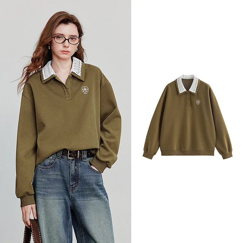 TOYOUTH Women Sweatshirt 2025 Autumn New Green Velvet Embroidery Contrasting Color Splicing Double Layer Collar Pullover Hoodies