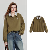 TOYOUTH Women Sweatshirt 2025 Autumn New Green Velvet Embroidery Contrasting Color Splicing Double Layer Collar Pullover Hoodies