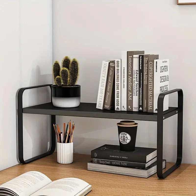 LUSQI 2 tier Shelf Desktop Storage Bookshelf Student Desk Shelves Racks Office Computer Desk Tiered Cabinet Home Storage Holders