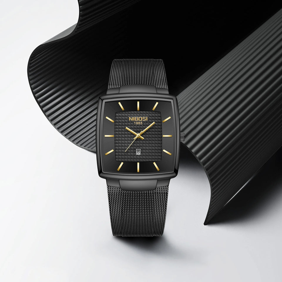 NIBOSI Mens Watches Top Brand Luxury Square Quartz Watch Men Slim Mesh Waterproof Sport Wristwatch Date Luminous Reloj Hombre