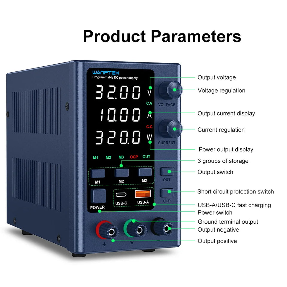 Wanptek Adjustable DC Power Supply 30V 60V 5A 10A Lab Bench Power Supply USB Interface Fast Charging Preset Voltage and Current