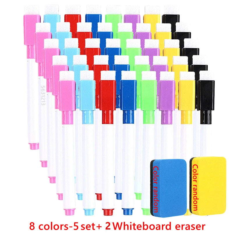 100/5Pcs Dry Erase Whiteboard Markers Set, Washable Pens with Magnetic Eraser for Office Whiteboards & Art Supplies