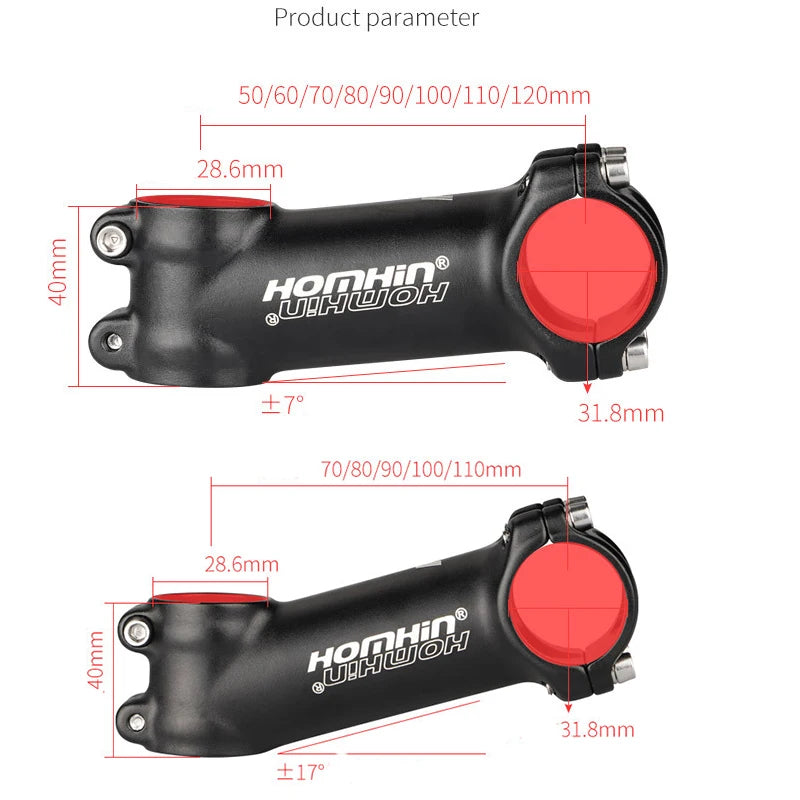 Homehin Adjustable Bicycle Handlebar Stem Ultralight 7/17 Degrees Bike Stems 31.8*45-120mm Positive Negative Vertical Handle