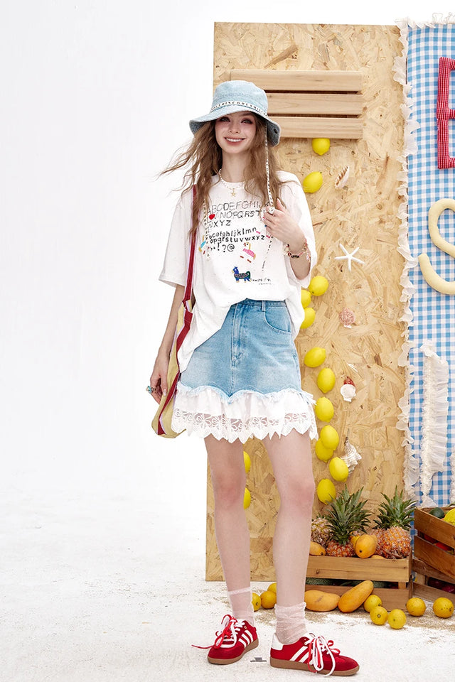 ELFSACK 2025 Summer New Arrivals Lace And Lace Patchwork A-Line Denim Skirt For Women