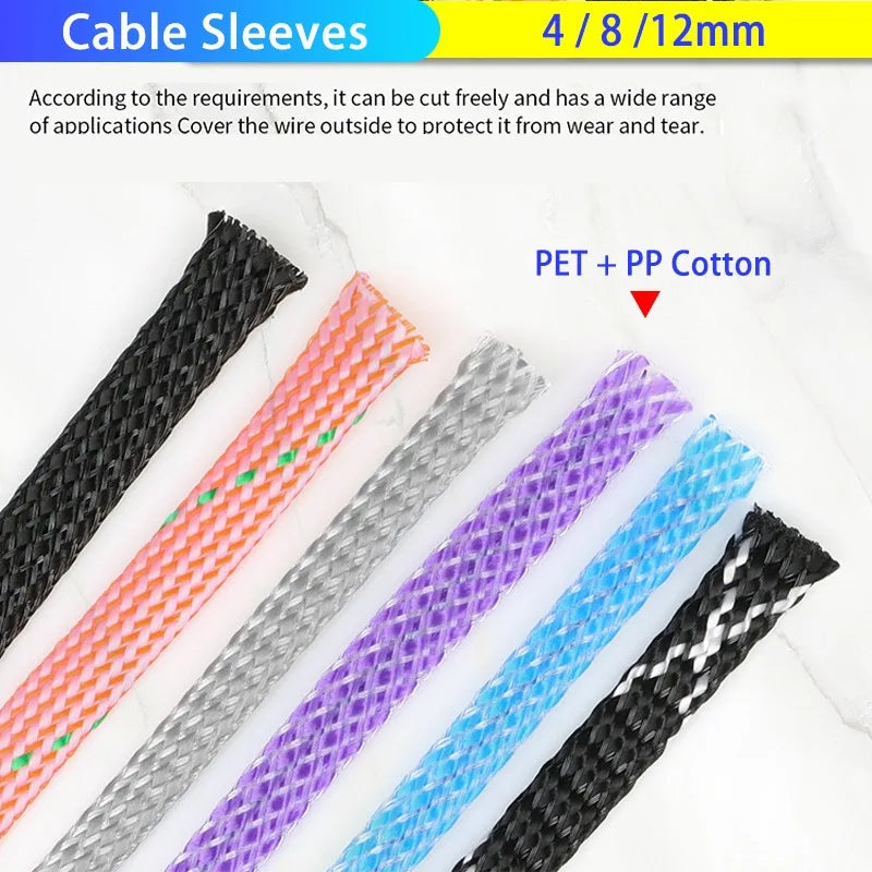 1~100m New Braided Cable Sleeve 4 8 12mm Flexible PP Cotton + PET Yarn Harness Sheath Dust Proof Wire Sleeving Protection Wrap