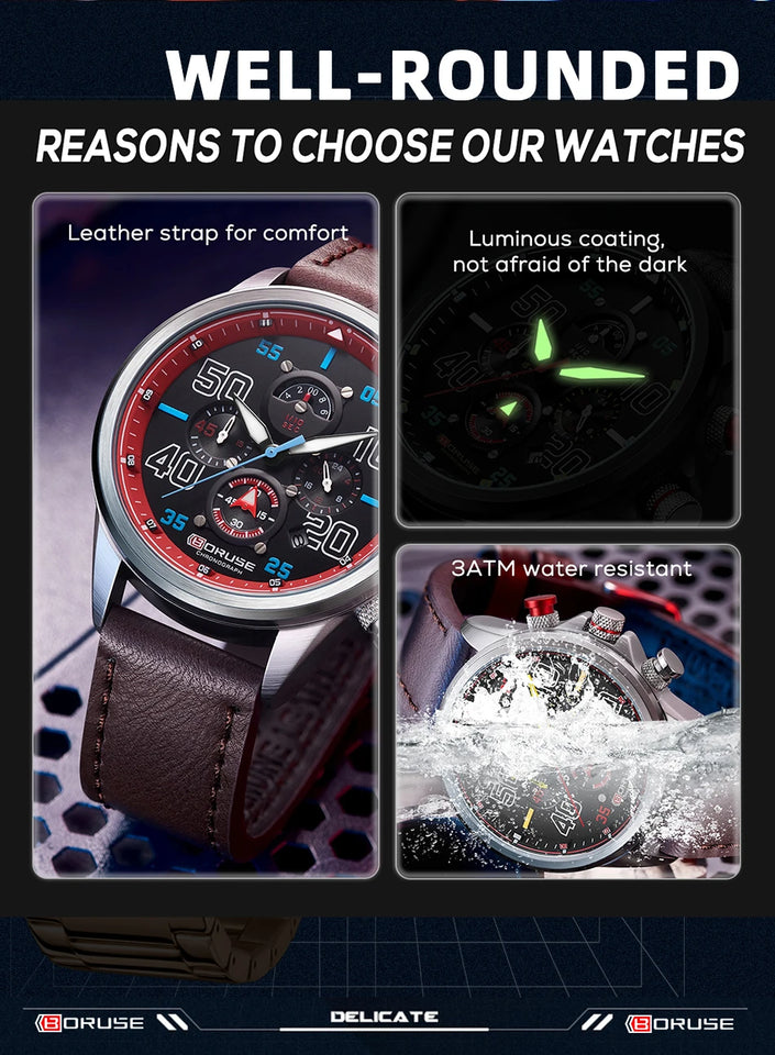 BORUSE Fashion Mens Sports Watches Luxury Men Business Wrist Watch Leather Quartz Watch Waterproof Luminous Male Clock With Box