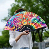 Folding Fan Bright Color Rainbow Starry Sky Color Glow In The Dark Festival Performance Party Supplies Hand Fan Xmas Dance Fan