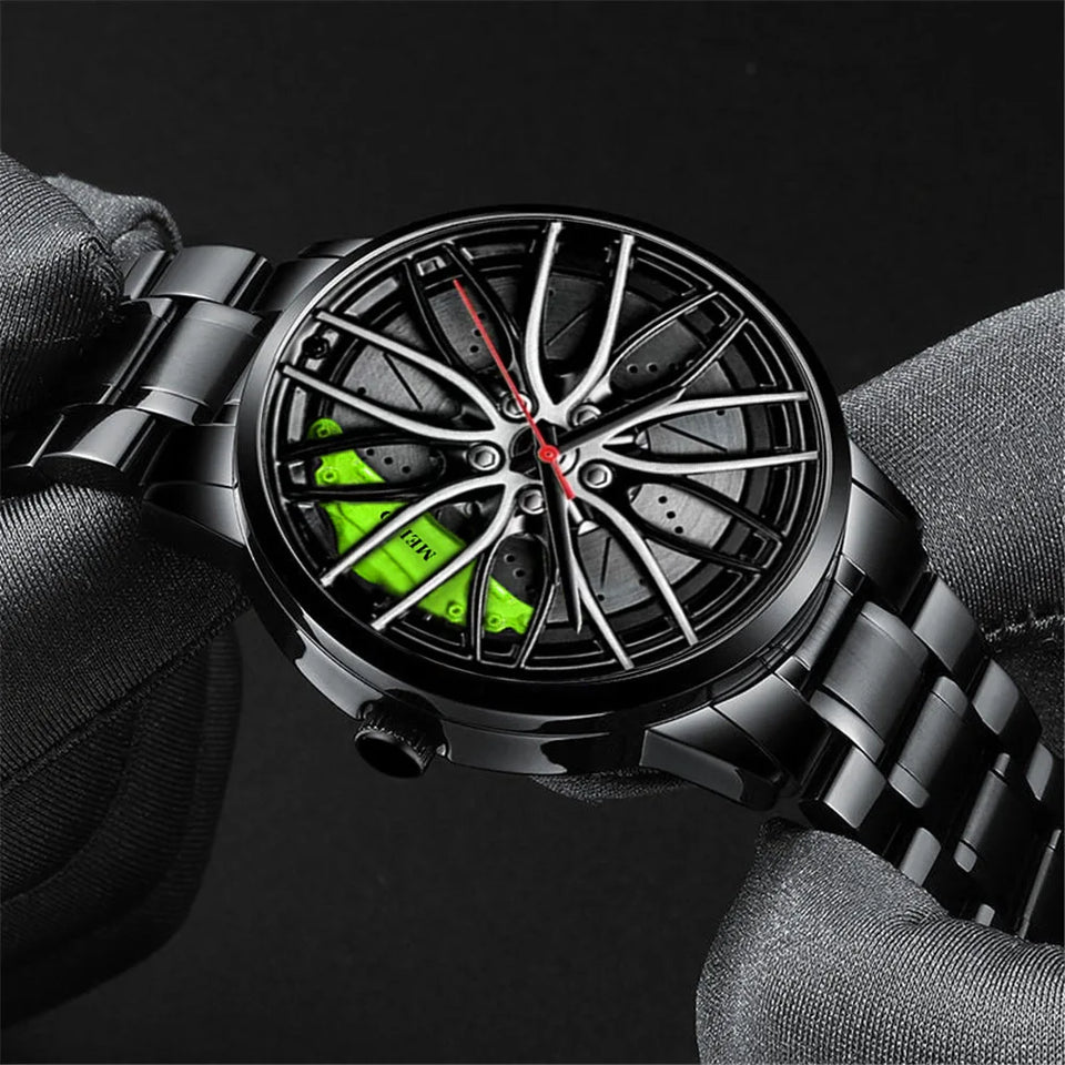New Top Men Stainless Steel Watches Mens Car Wheel Hub Leather Quartz Watch For Male Military Sport Watch Relogio Masculino Hot