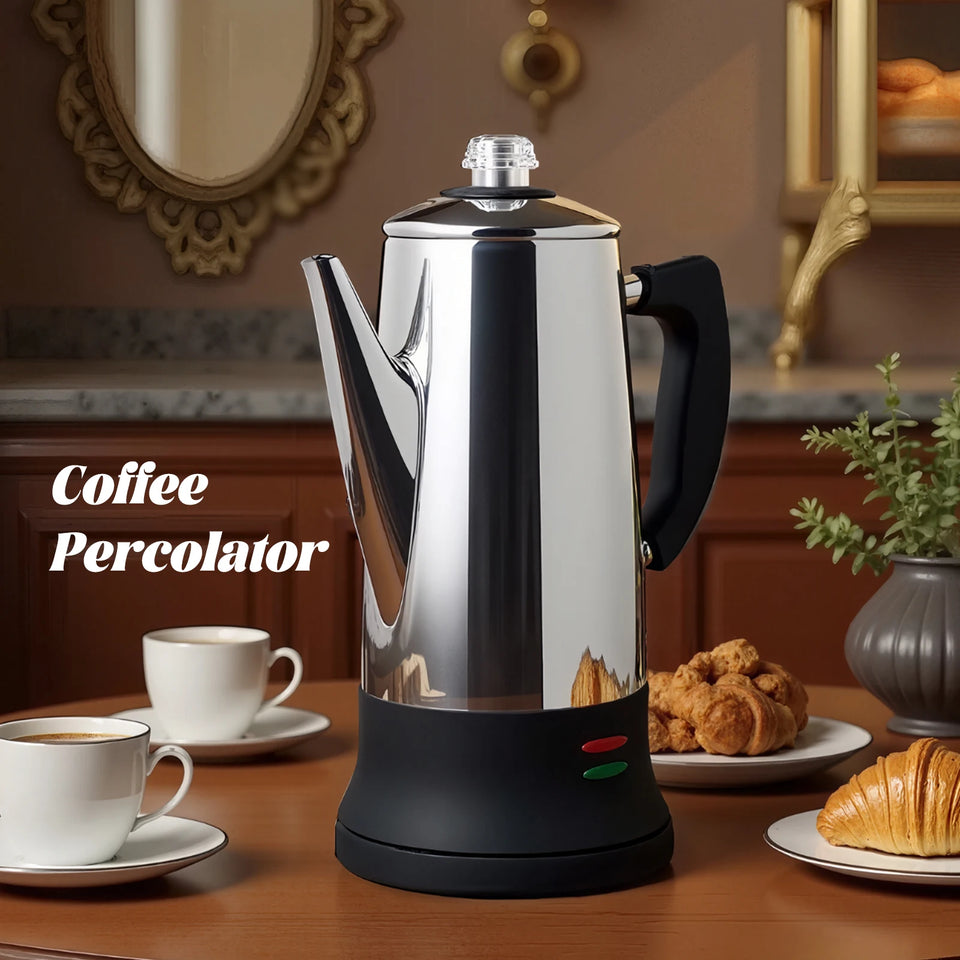 Electric Percolator 1.8L 12Cup Italian Coffee Maker Stainless Steel Quick Heating Reusable Filter Basket Fast Brew Home Office