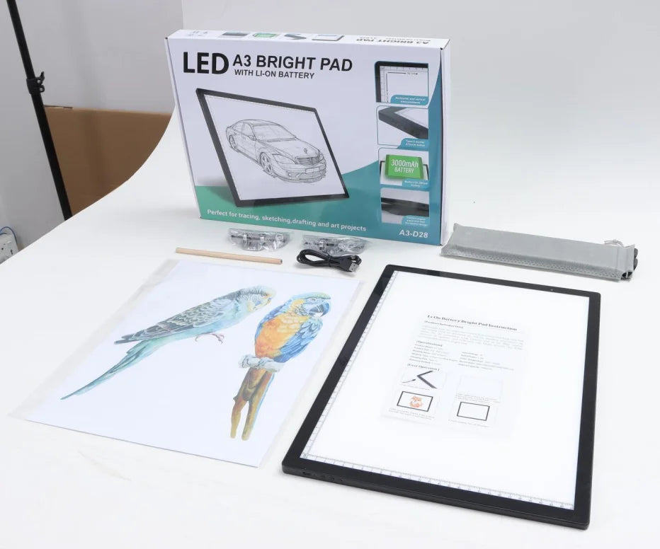 A3 Rechargeable Light Pad With Bottom Bracket, Clip and bag,3000 MAh Battery Powered Light Box For Diamond Painting,Sketching