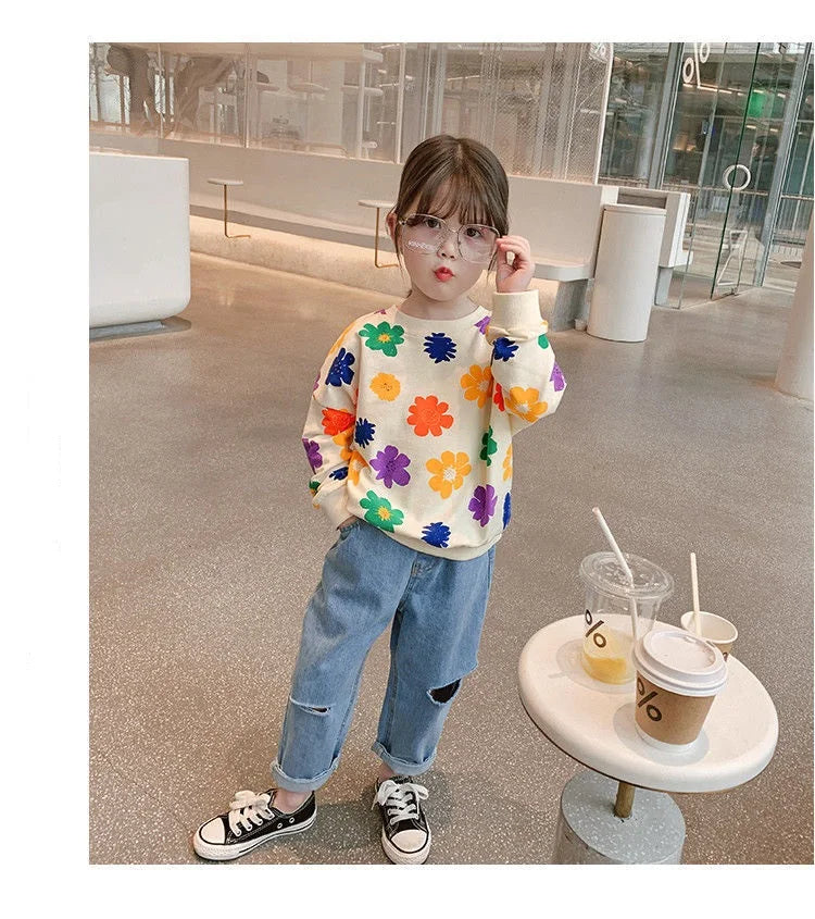 Spring Autumn Baby and Girls Sweet All-Over Flowers Sweatshirt School Kids Outfit Pullover Tops Child Workout Jumper 1-12 Years