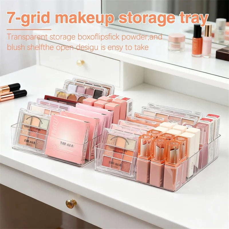 Makeup Organizer for Eyeshadow Palette and Lipstick Organizer 7 Section Desktop Divided Clear Plastic Cosmetic Tools Organizer