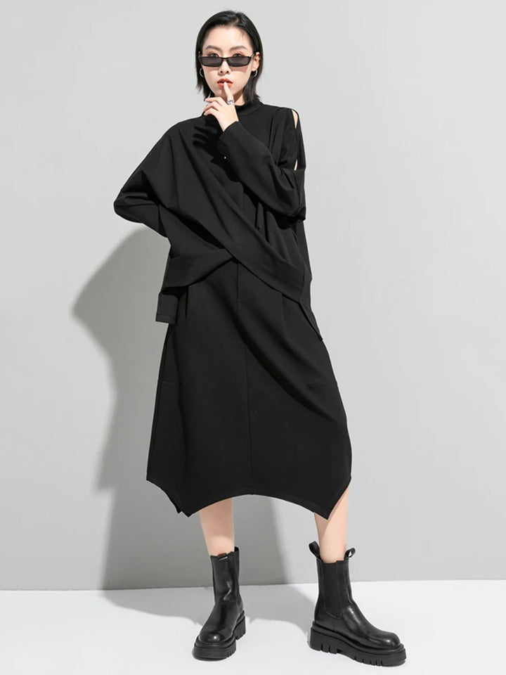 [EAM] Black Irregular Knot Sweatshirt New Stand Collar Long Sleeve Women Big Size Fashion Tide Spring Autumn 2026 1DJ1848