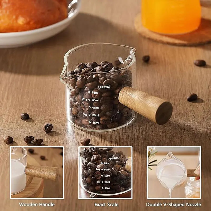 Glass Milk Cup Fine Espresso Small Glass Measuring Cup Double Spout Milk Jug Wooden Handle and Scale Coffee Latte Extraction Cup