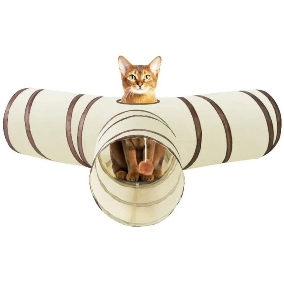 Fun Polyester+Steel Wire Cat Tunnel Tube Breathable Foldable Cat Nest Training Interactive Beige+Coffee Pet Fun Play Toy Cat