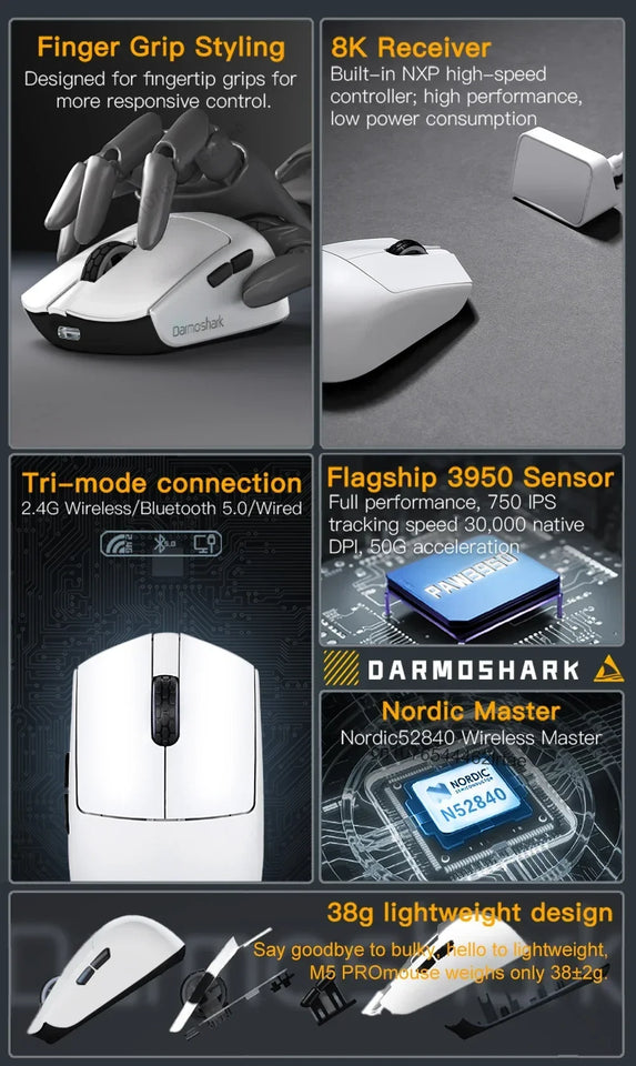 New Darmoshark M5 Pro Wireless Mouse PAW3950 8K Bluetooth Tri-Mode Connection Gaming Macro Mouse 30000DPI N52840 38g Lightweight