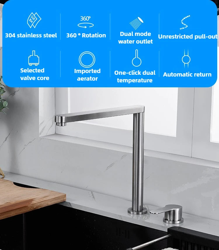 Hidden Lifting Folding Kitchen Faucet 304 Stainless Steel Sink Faucet Hot and Cold Mixed Water Separate Sink Tap Dual Holes