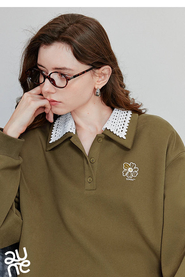 TOYOUTH Women Sweatshirt 2025 Autumn New Green Velvet Embroidery Contrasting Color Splicing Double Layer Collar Pullover Hoodies