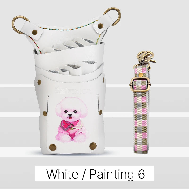 Fenice scissors storage bag,hold 8 scissors, 8 paintings, 6 colors cowhide,waist bag, pet beautician, barber's special waist bag