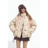 ELFSACK 2025 Winter New Arrivals Y2K Sweet Cute Solid Rose Bow Graphic Hoodless Half High Stand Collar Short Down Jacket For Wom