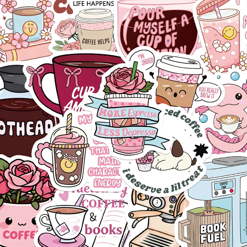 50pcs Funny Coffee Stickers Cute Cartoon Animals Decal DIY Handbook Laptop Phone Suitcase Stationery Stickers For Teens Gift
