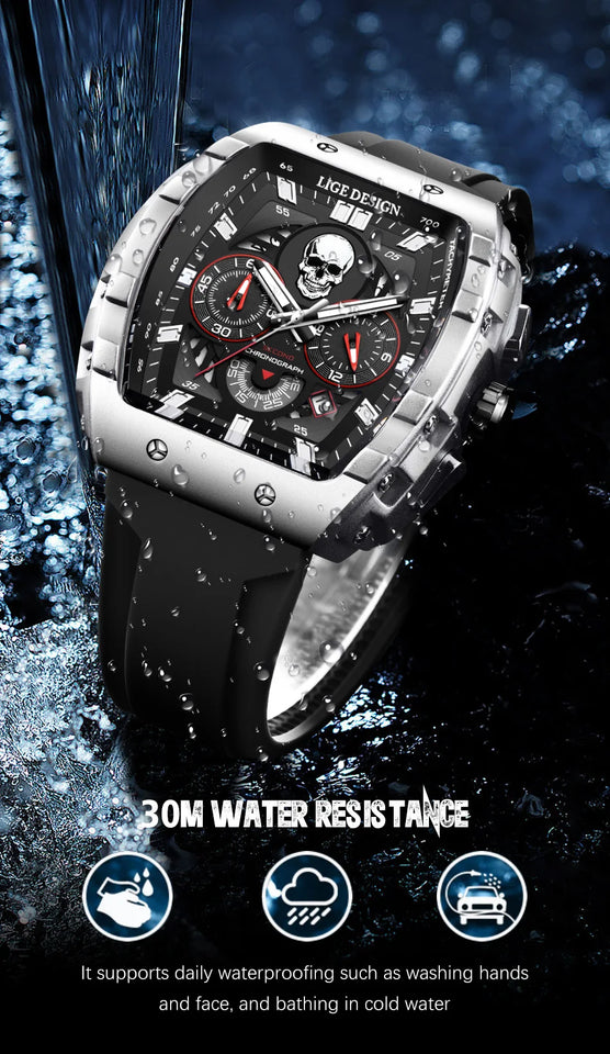 LIGE Brand Mens Watch Skeleton Skull Dial Sports Military Watches Men Fashion Luxury Waterproof Quartz Watch Chronograph Relogio