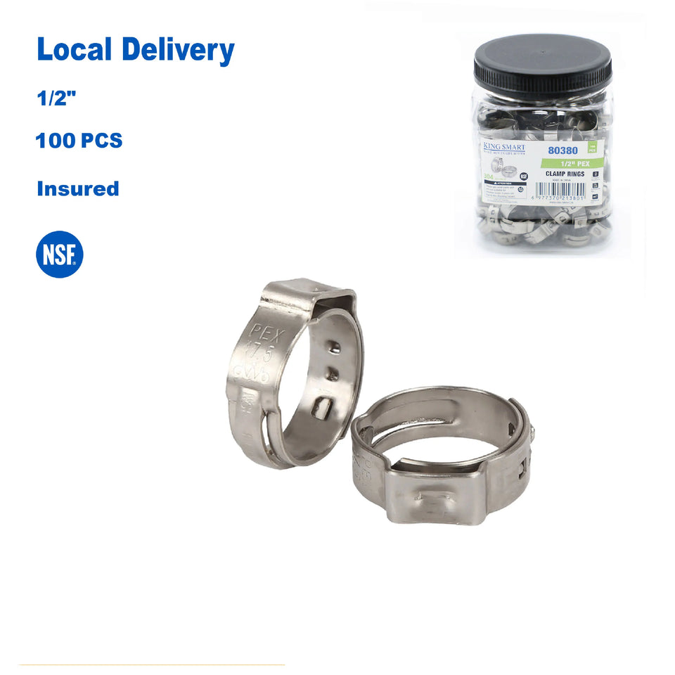 KING SMART  1/2" PEX Stainless Steel Clamp Rings; Suitable for PEX B/C Pipe, PERT Pipe NSF Certified; 100 Pcs; 80380