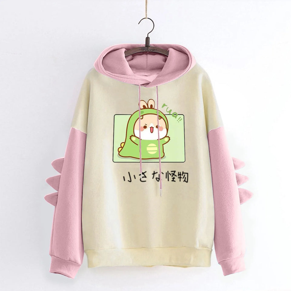 Winter Cute Dinosaur Cartoon Hoodie Women Fashion Sweatshirt Casual Print Long Sleeve Korean Style Splice Tops Kawaii Clothes